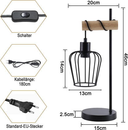 ZMH Tischlampe Wohnzimmer Holz Tischleuchte Vintage: Schwarz Nachttischlampe 1 flammig im Industrial Design aus Metall E27 Fassung Retro Nachttischleuchte