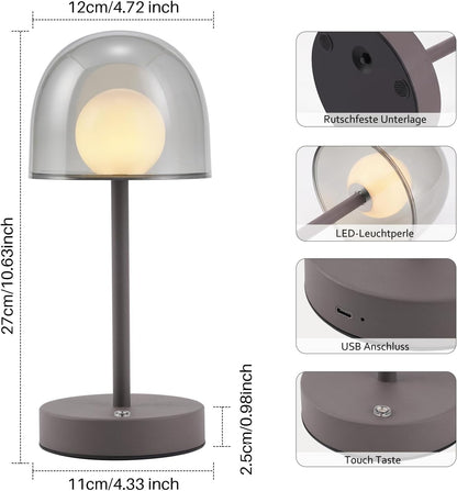 ZMH LED Tischlampe kabellos dimmbar Touch Akku Sandgrau