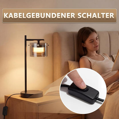 ZMH LED Tischlampe mit kabel: Schwarz Nachttischlampe aus Rauchglas und