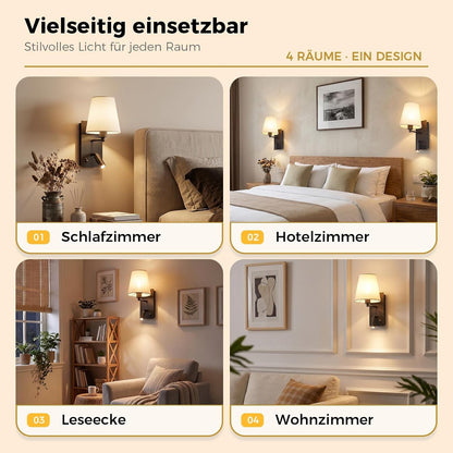 ZMH Wandleuchte mit USB-Ladeanschluss Leselampe E14 Stoffschirm Schwarz