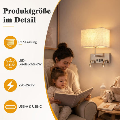 ZMH Wandleuchte innen mit Schalter Modern E27 Stoffschirm Design Wandlampe
