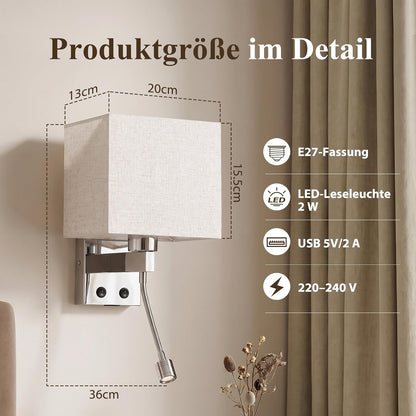 ZMH LED Wandleuchte Innen mit USB-Ladeanschluss und 2W Leselampe