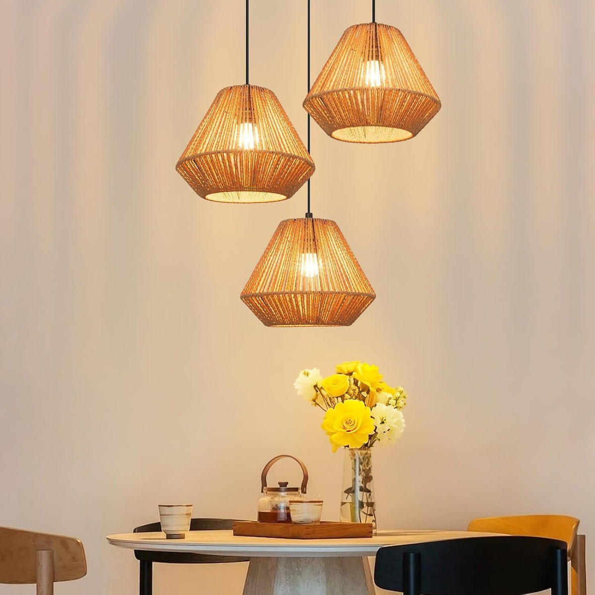 ZMH Pendelleuchte Boho Hängelampe Rattan Lampe Hängend Höhenverstellbar