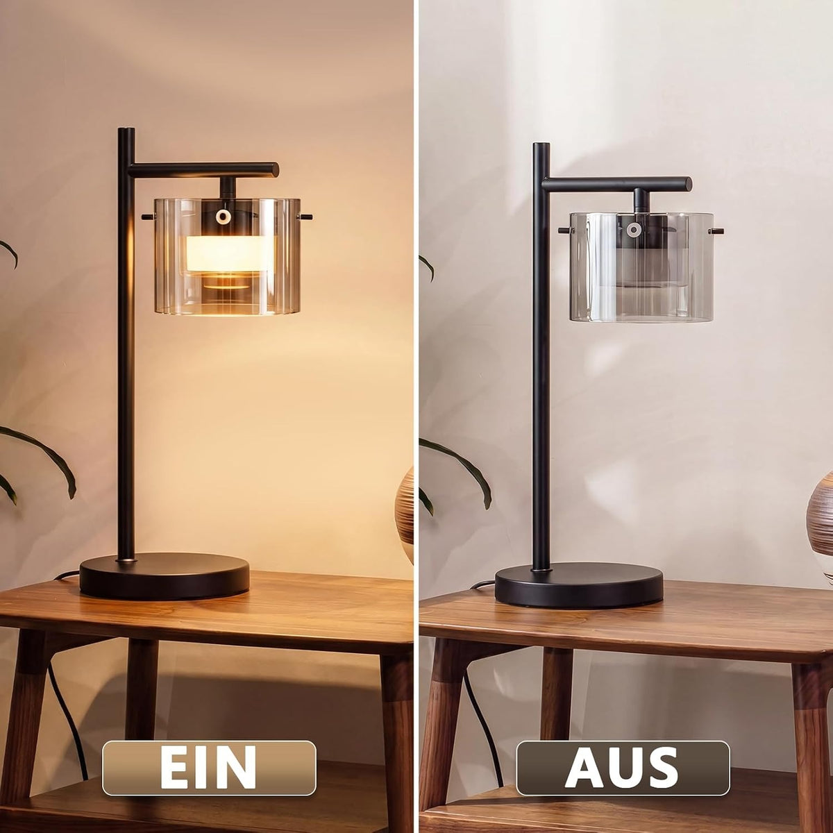 ZMH LED Tischlampe mit kabel: Schwarz Nachttischlampe aus Rauchglas und