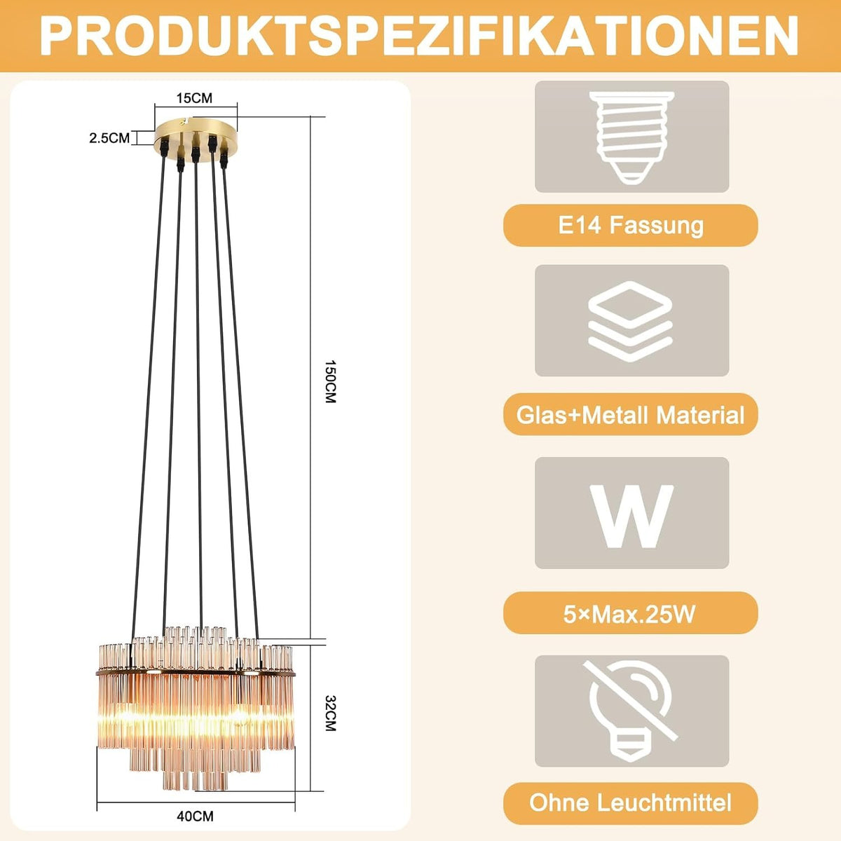 ZMH Pendelleuchte 5 Flammig Hängeleuchte Esstisch Glas Hängelampe