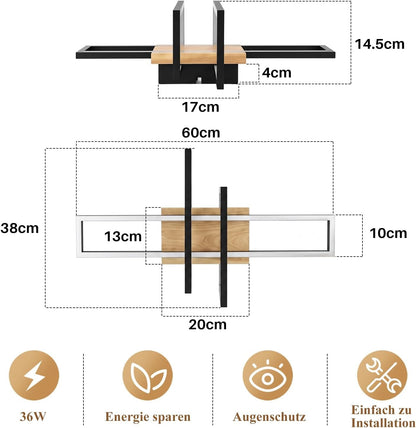 ZMH LED Deckenleuchte Wohnzimmer Holz Deckenlampe Schwarz Schlafzimmerlampe