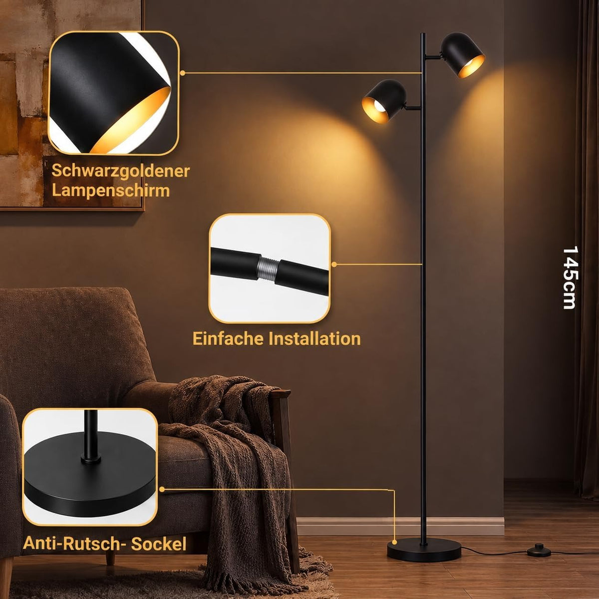 ZMH Stehlampe Wohnzimmer Standleuchte Schwarz Stehleuchte Vintage e14