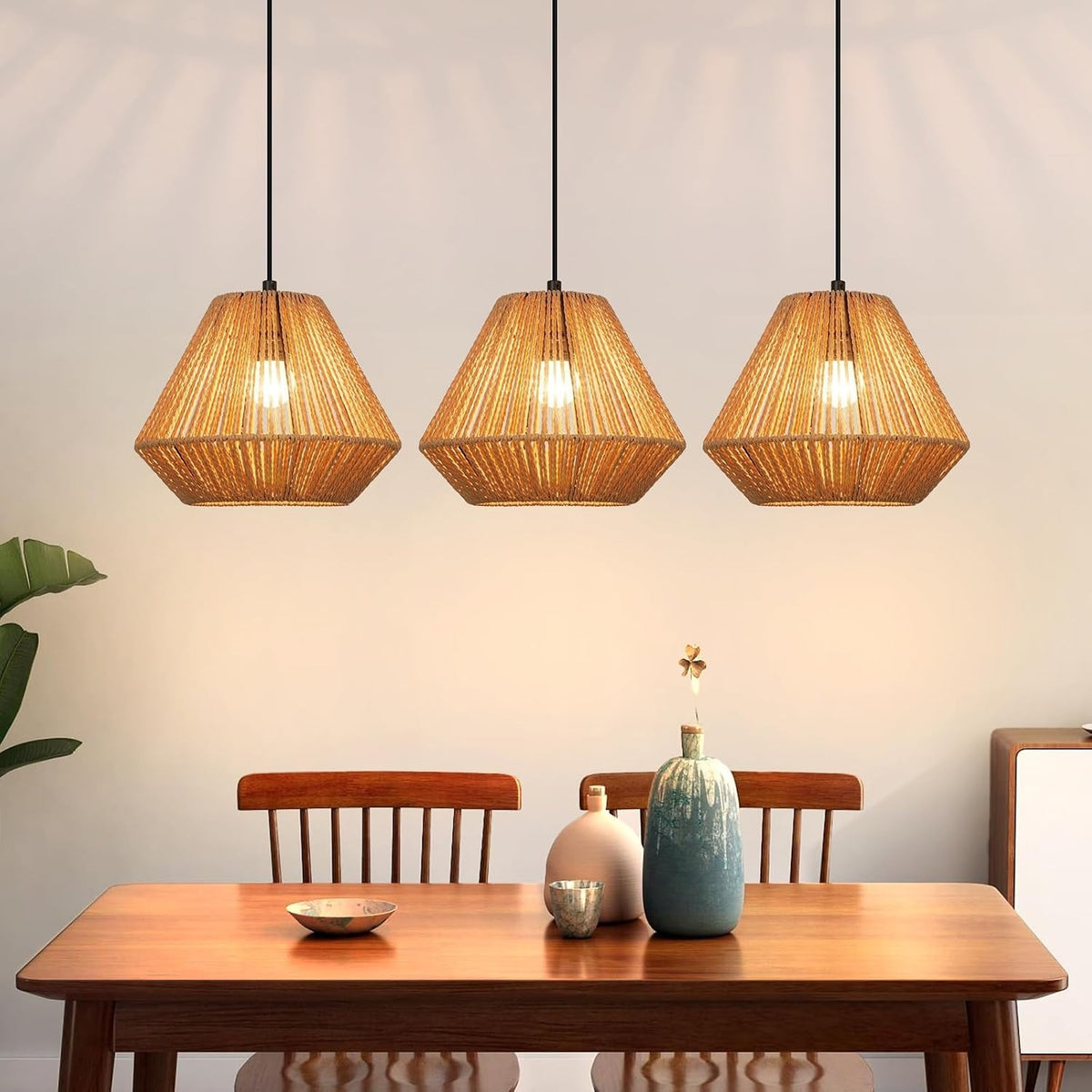 ZMH Pendelleuchte Boho Hängelampe Rattan Lampe Hängend Höhenverstellbar