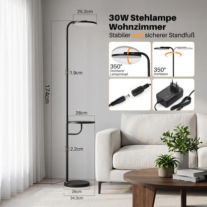 ZMH LED Stehlampe Wohnzimmer 30W Schwarz 174 cm Stehleuchte mit Fernbedienung