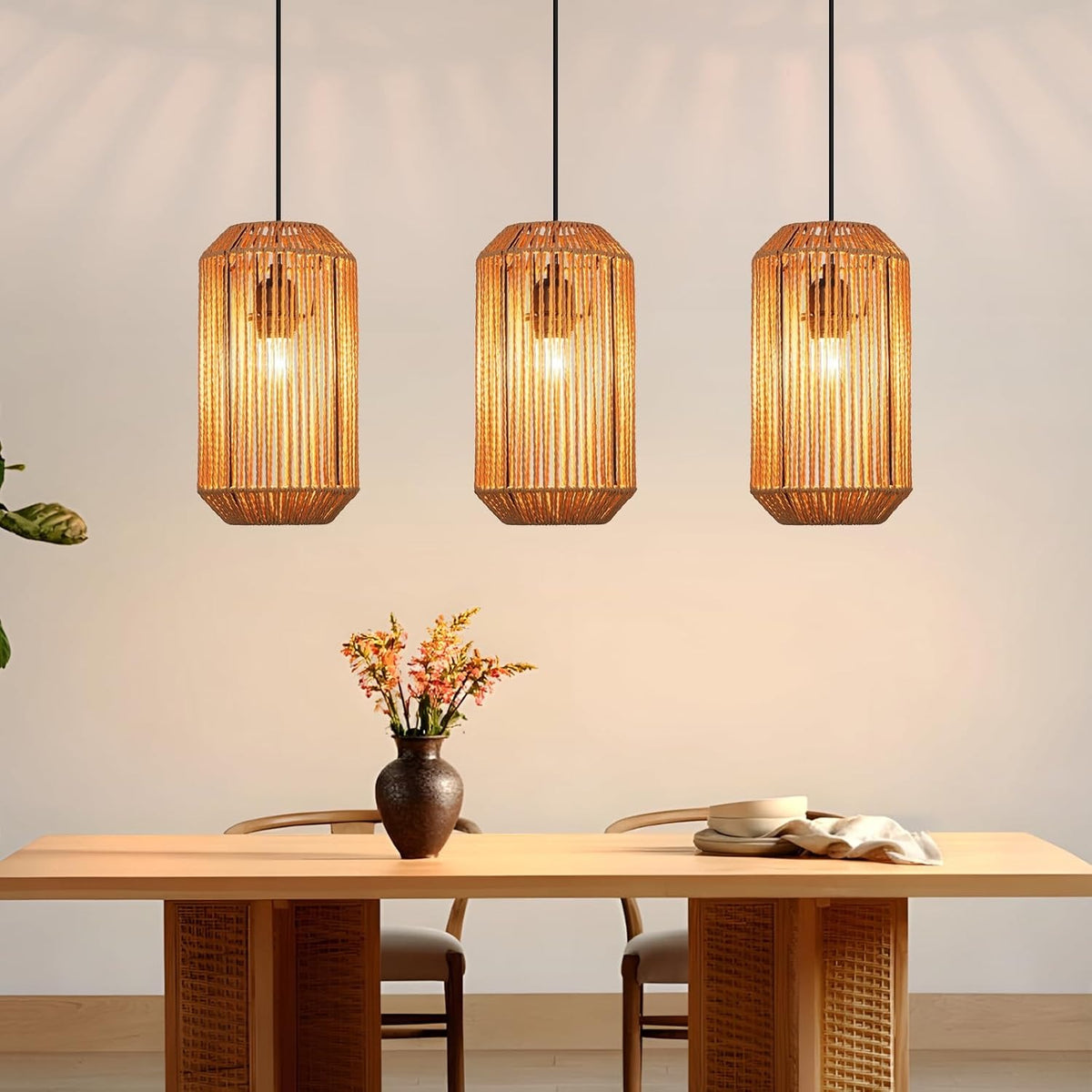 ZMH Pendelleuchte Boho Hängelampe Rattan Lampe Hängend Höhenverstellbar