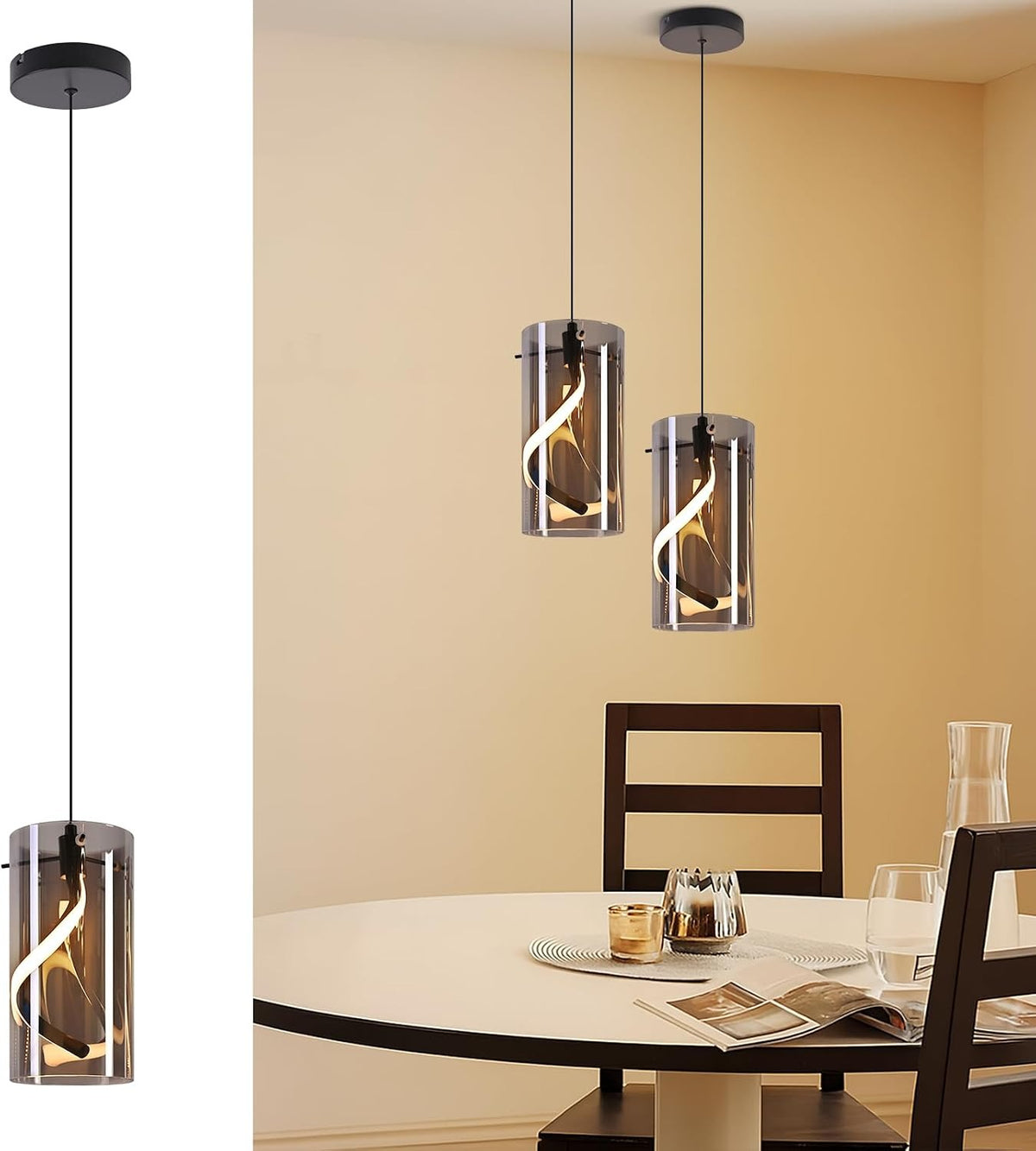 ZMH LED Hängelampe Esstisch 3-flammig 33W Hängelampe aus Rauchglas
