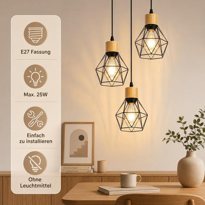 ZMH Pendelleuchte Esstisch Hängelampe Vintage - 3 Flammig Hängend Holz