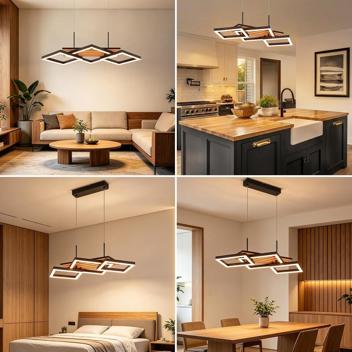 ZMH Pendelleuchte Esstisch LED Hängelampe 3-Rauten-Design Holzoptik 58cm
