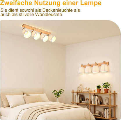 ZMH Deckenstrahler 4 Flammig Holz Deckenleuchte Deckenlampe Vintage | Schlafzimmerlampe E14 Boho mit Weiß Stoffschirm Retro drehbar 350°