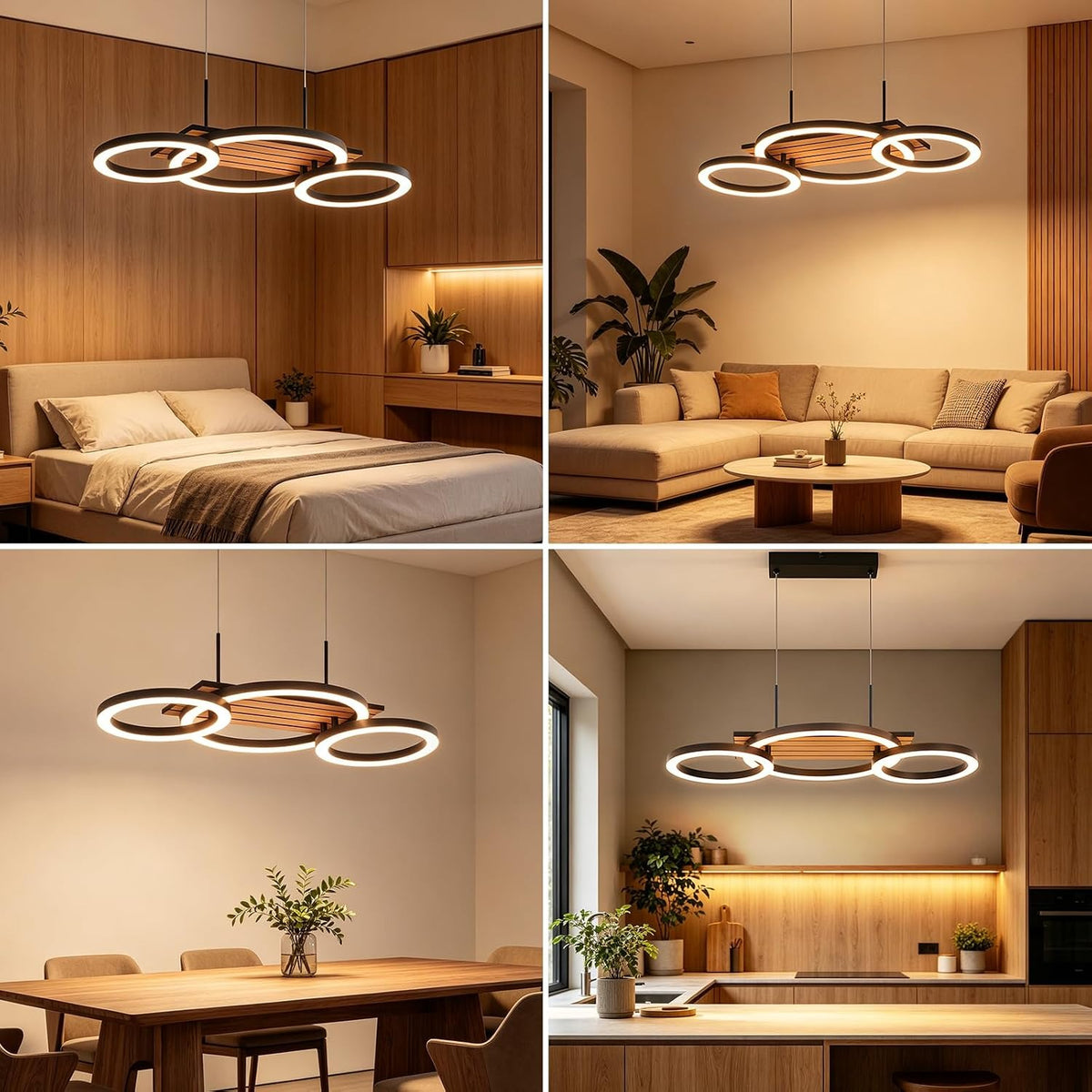 ZMH Pendelleuchte Esstisch 3-Ring-Design LED Hängelampe Holzoptik 58cm