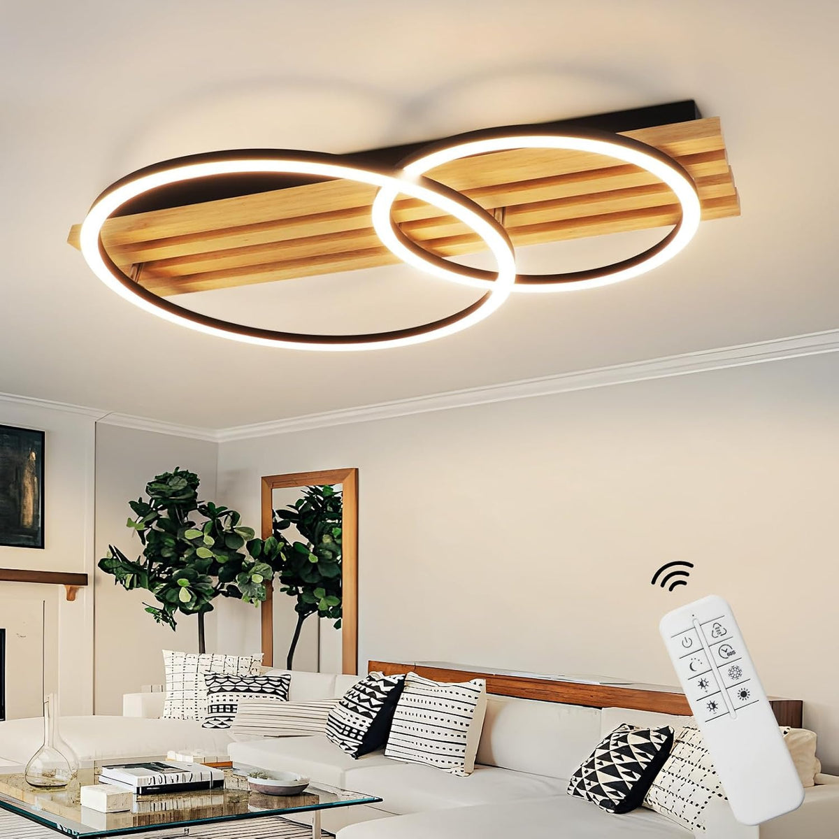 ZMH LED Deckenleuchte Dimmbar Holz Deckenlampe 70cm Wohnzimmerlampe Decke