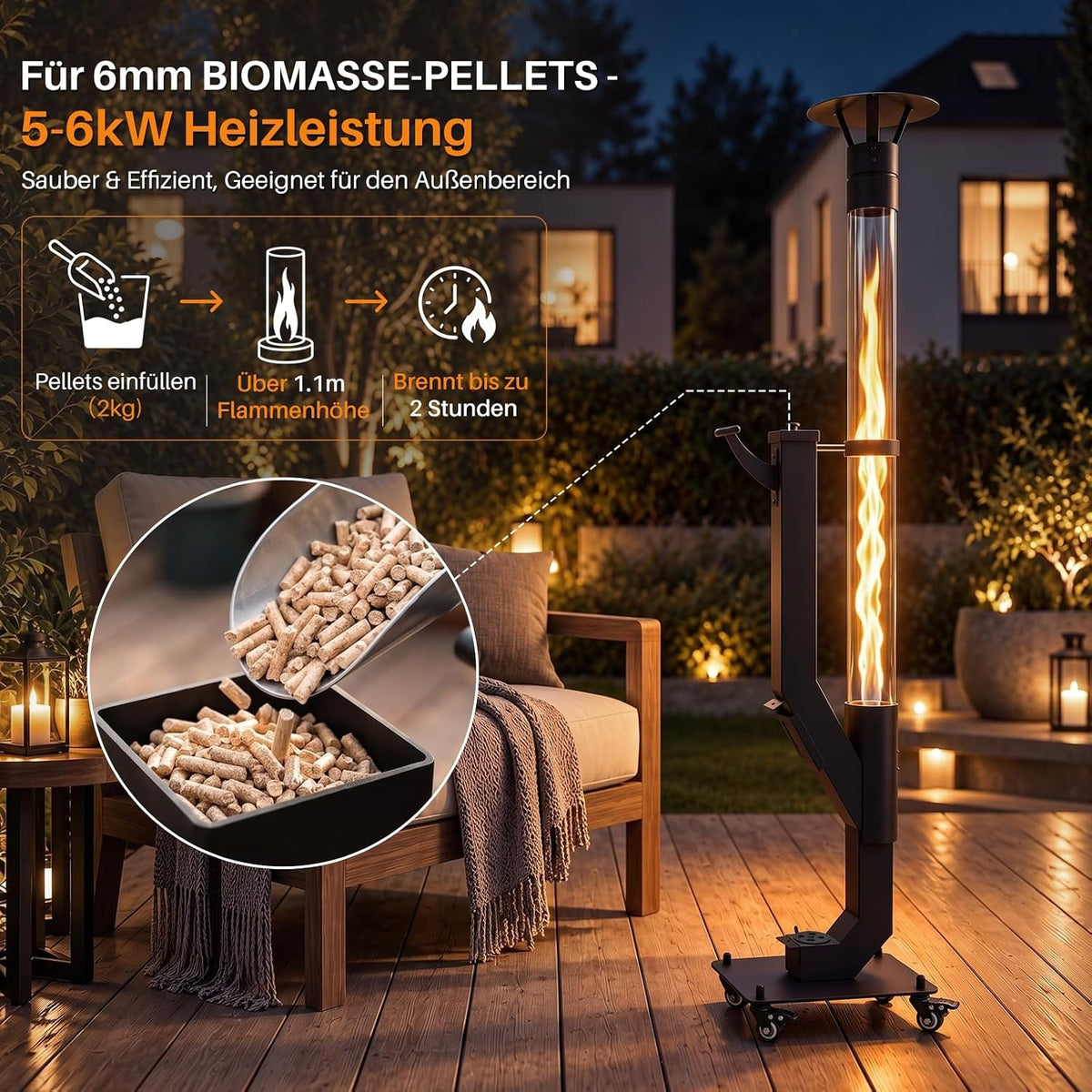 ZMH Pellets Feuerrohr Outdoor Pelletofen Terrasse Mit Lenkrollen