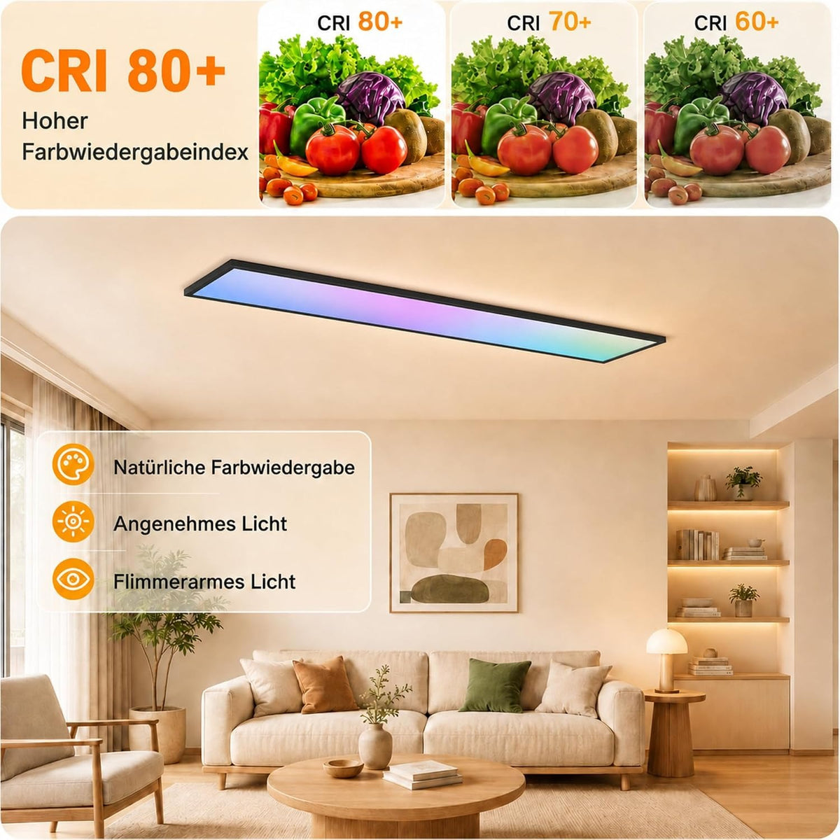 ZMH LED Panel 100x25 Cm Schwarz, LED Deckenleuchte 24 W, Deckenlampe Wohnzimmer
