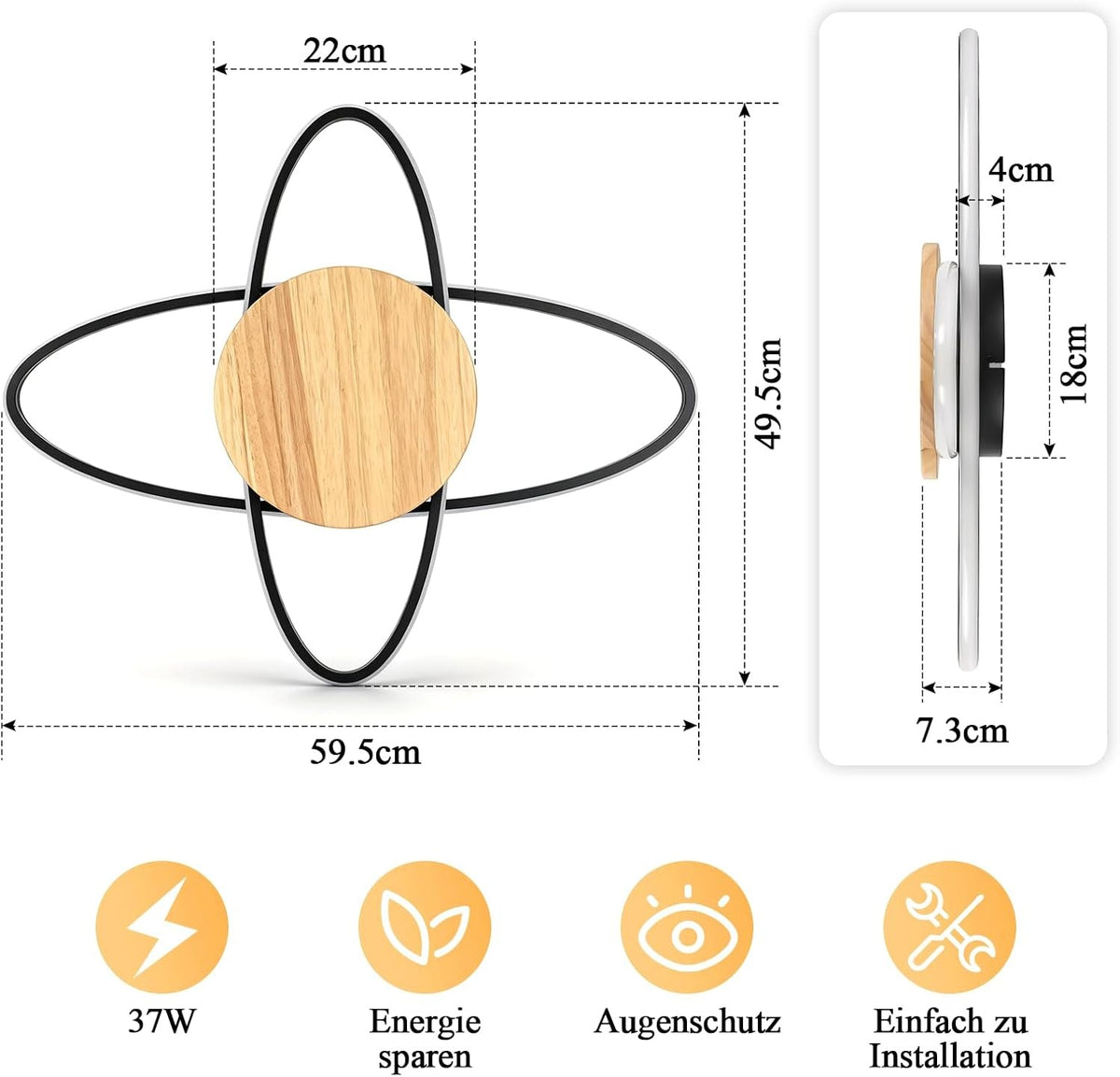 ZMH Deckenlampe LED Holz Deckenleuchte Wohnzimmer 37W Schwarz Küchenlampe