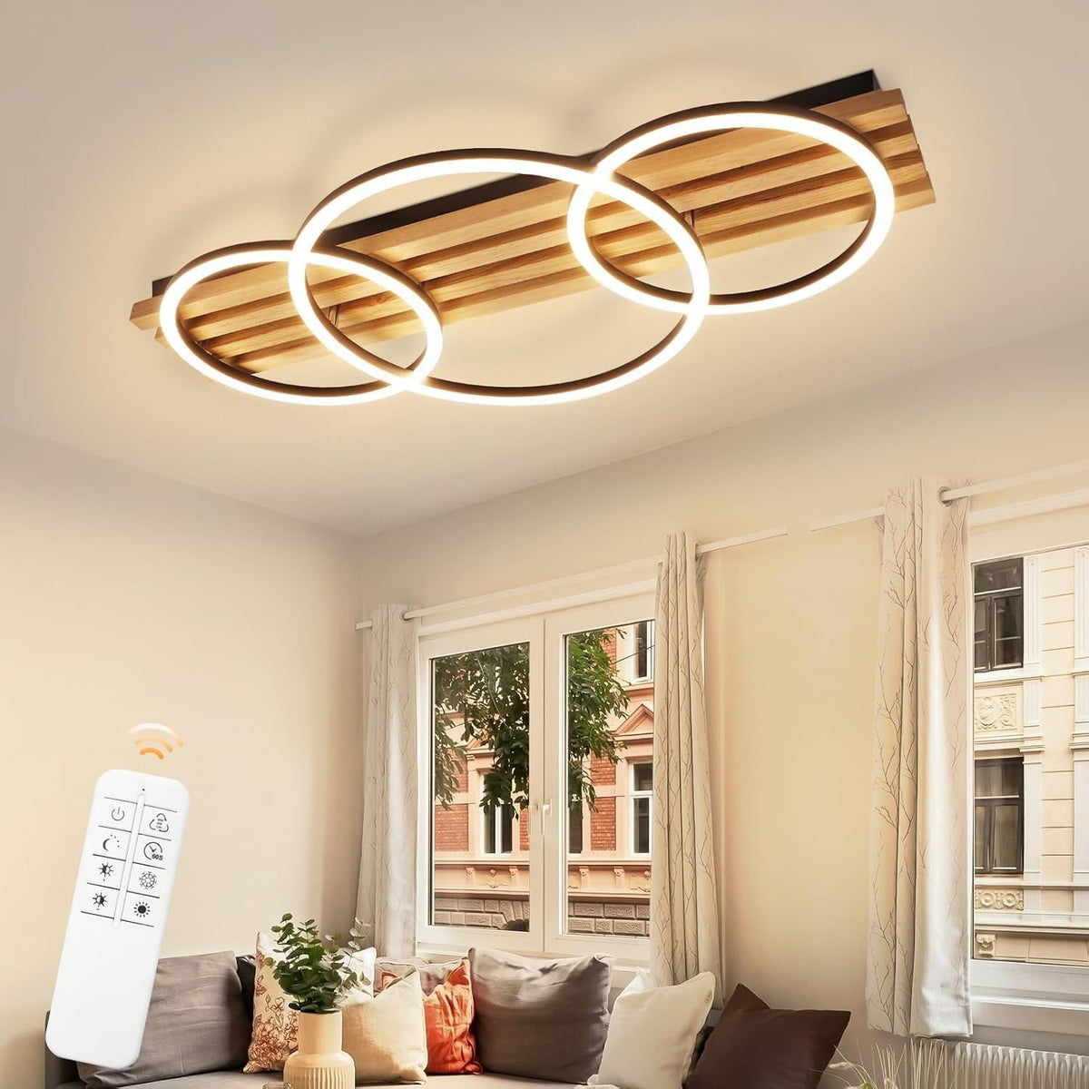 ZMH LED Deckenleuchte Dimmbar Holz Deckenlampe 70cm Wohnzimmerlampe Decke