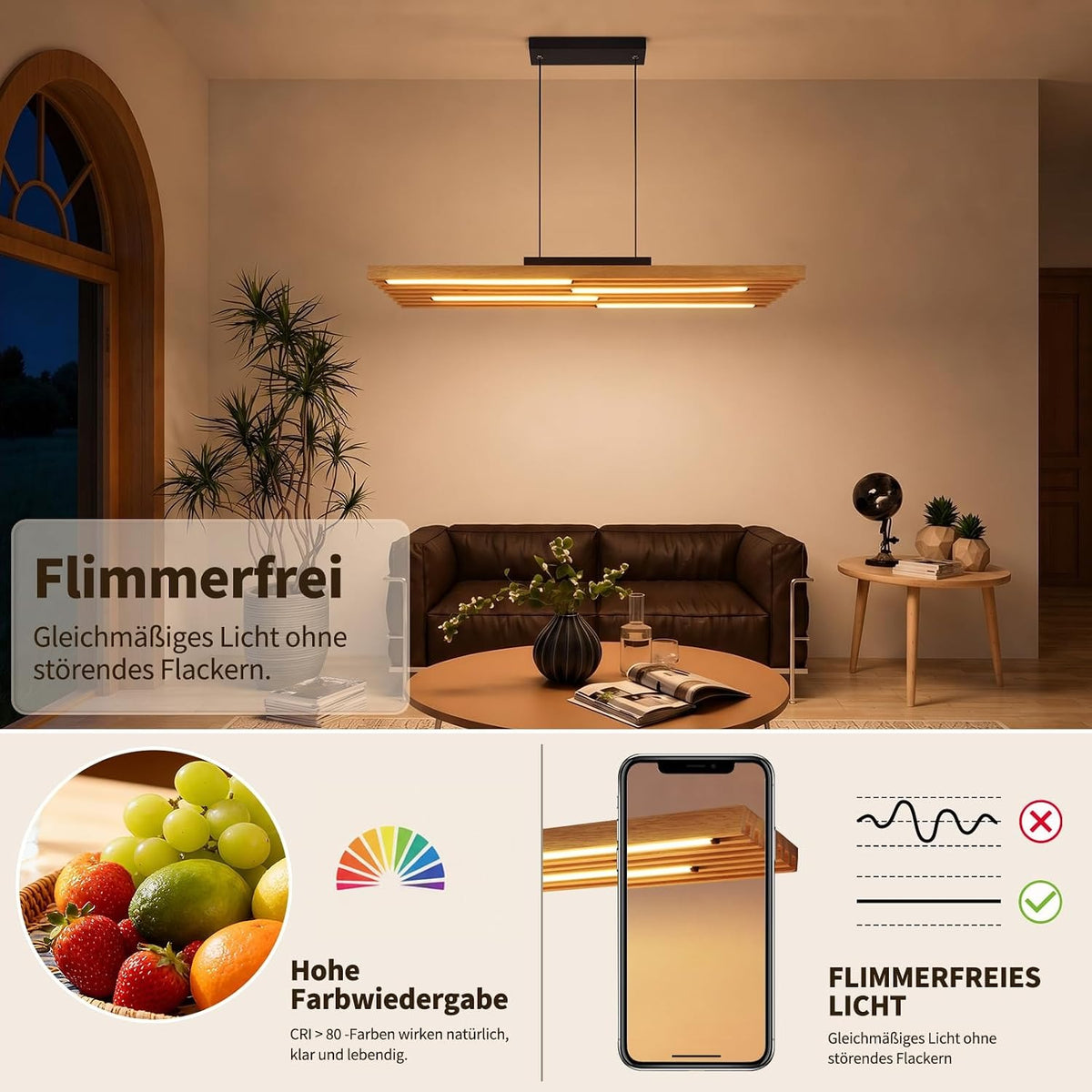 ZMH Pendelleuchte esstisch Holz 33W Hängelampe dimmbar mit Fernbedienung