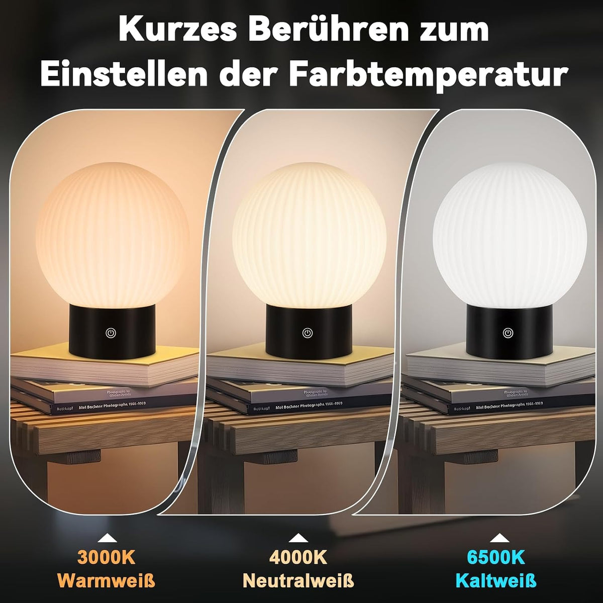 ZMH Tischlampe Kabellos Nachttischlampe LED Akku Tischleuchte Weiß Dimmbar