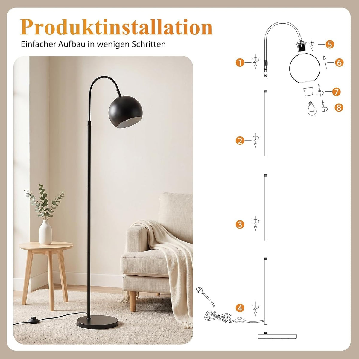 ZMH Stehlampe Wohnzimmer Bogenlampe E27 Fussschalter