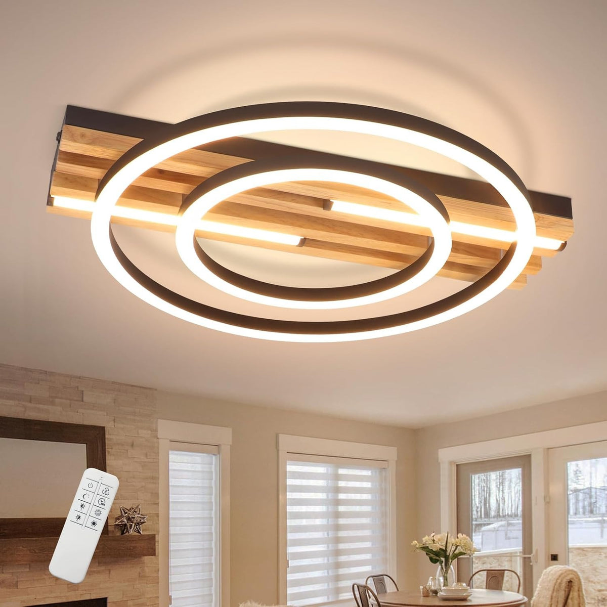 ZMH  LED Deckenleuchte Holz Dimmbar 50cm Deckenlampe Wohnzimmerlampe Modern