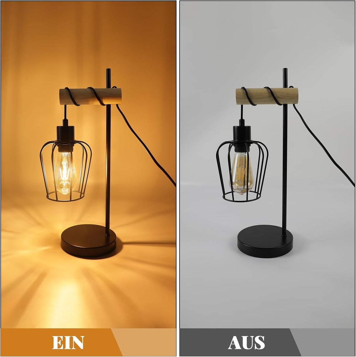 ZMH Tischlampe Wohnzimmer Holz Tischleuchte Vintage: Schwarz Nachttischlampe 1 flammig im Industrial Design aus Metall E27 Fassung Retro Nachttischleuchte