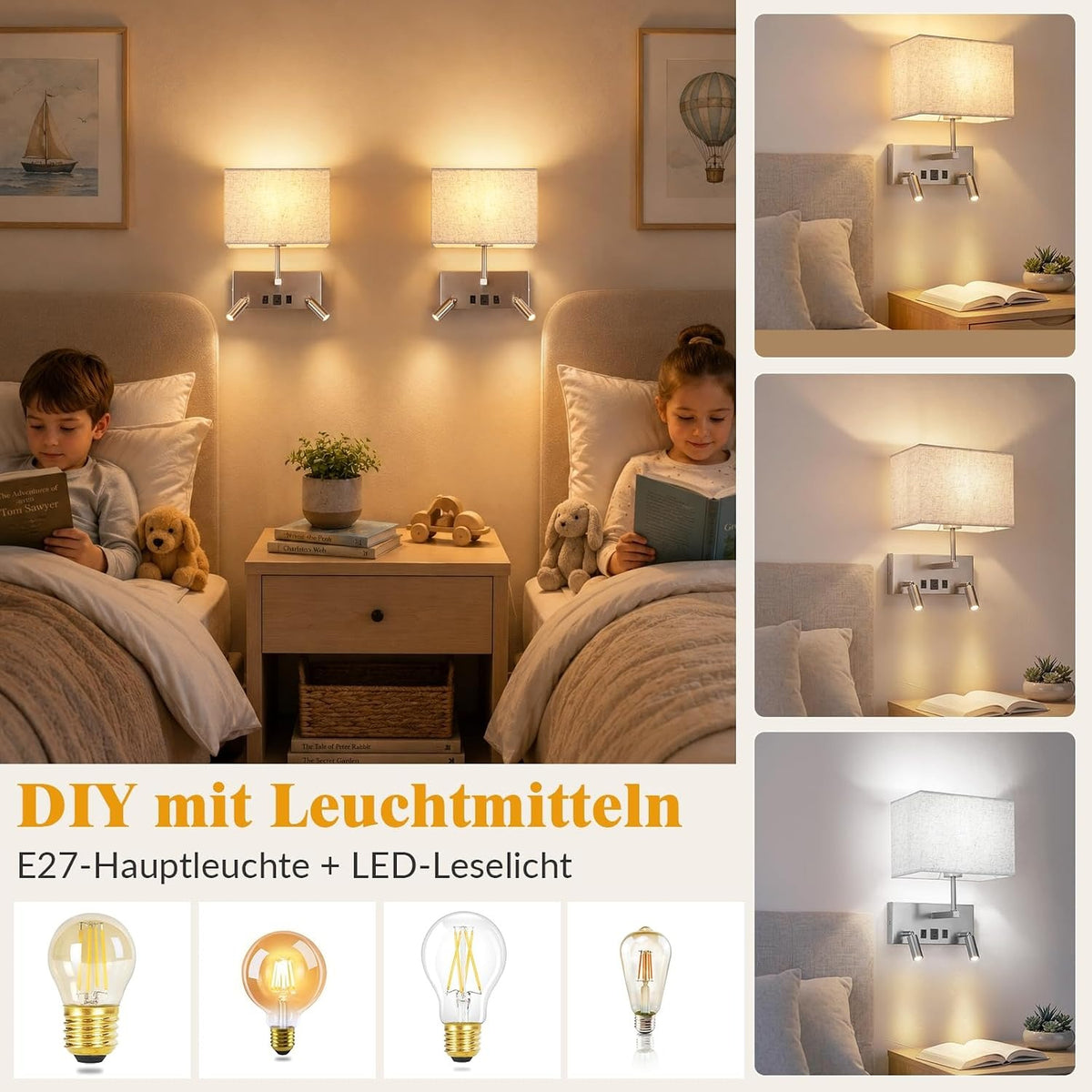 ZMH Wandleuchte innen mit Schalter Modern E27 Stoffschirm Design Wandlampe