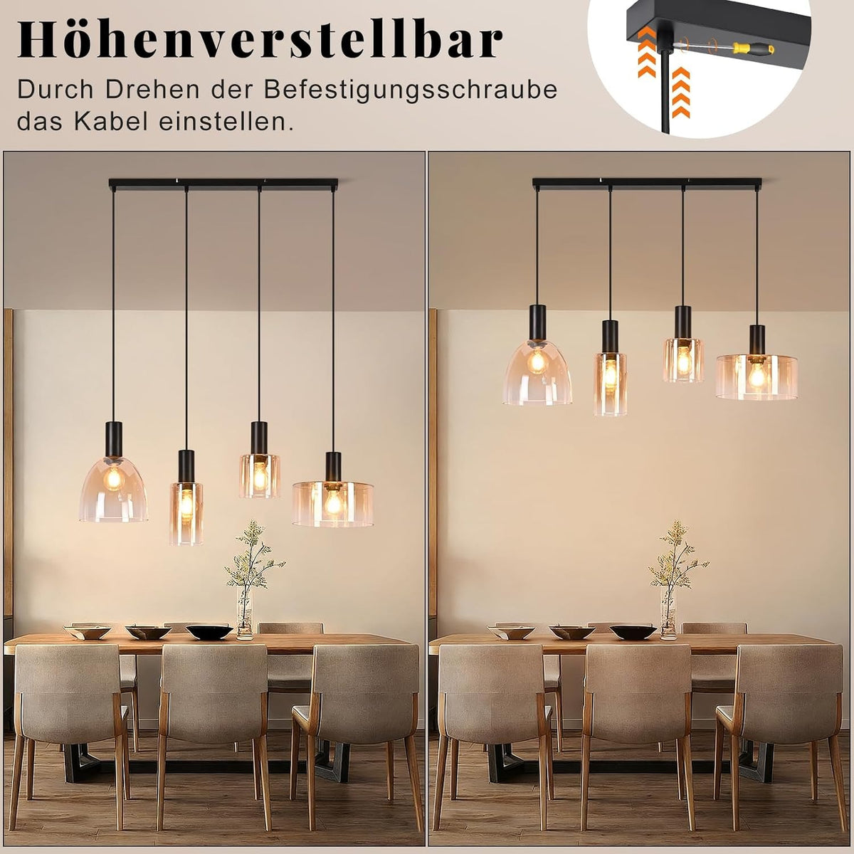 ZMH Pendellampe Esstisch Hängelampe 4 Flammig Glas Hängeleuchte