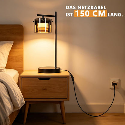 ZMH LED Tischlampe mit kabel: Schwarz Nachttischlampe aus Rauchglas und