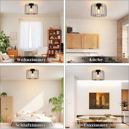 ZMH Deckenlampe Flur Deckenleuchte Vintage: Schwarz Metall Flurlampe Decke E27 Käfig Küchenlampe Retro Ø27CM Industrial Innen Deckenbeleuchtung für Küche Schlafzimmer Wohnzimmer Balkon Eingang