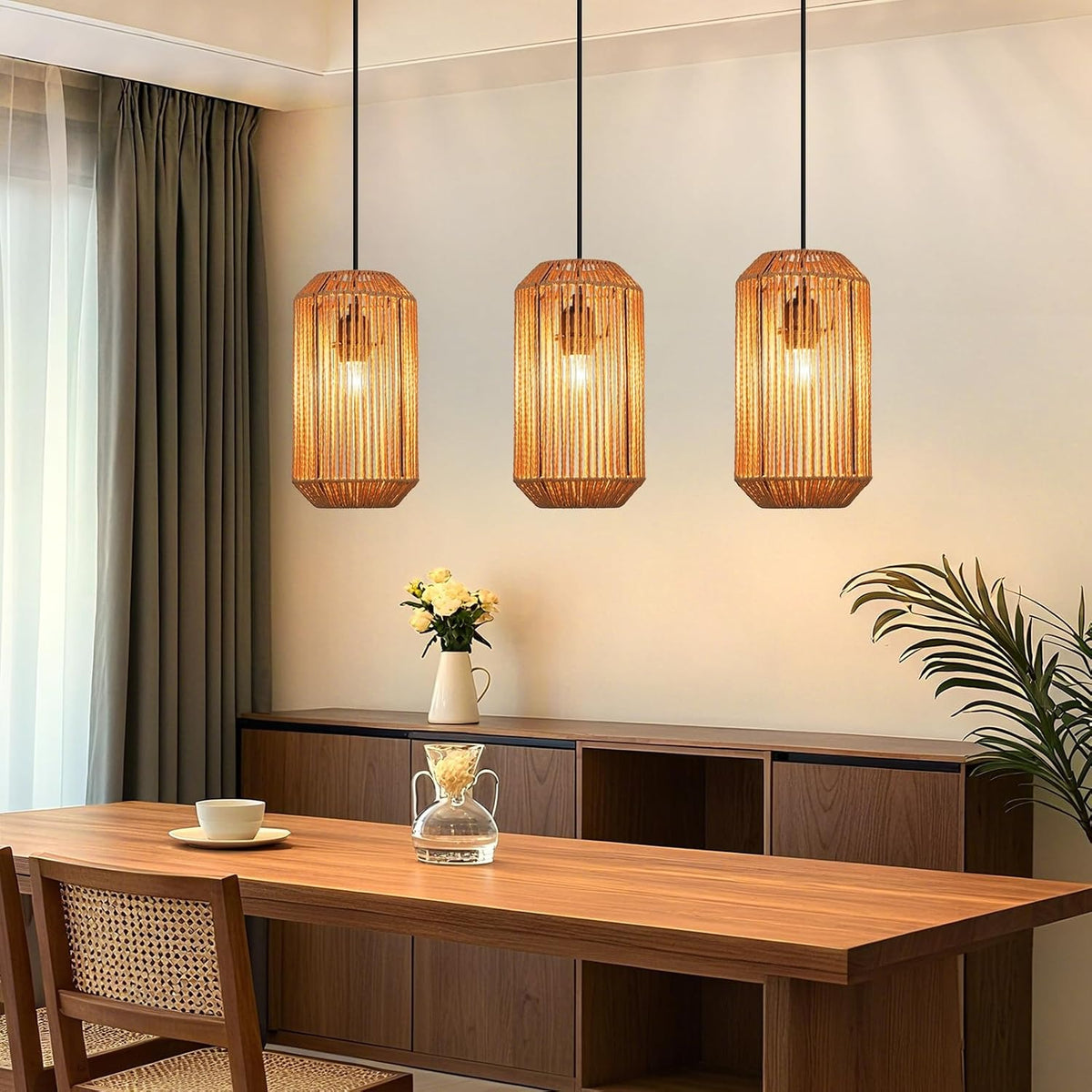 ZMH Pendelleuchte Boho Hängelampe Rattan Lampe Hängend Höhenverstellbar