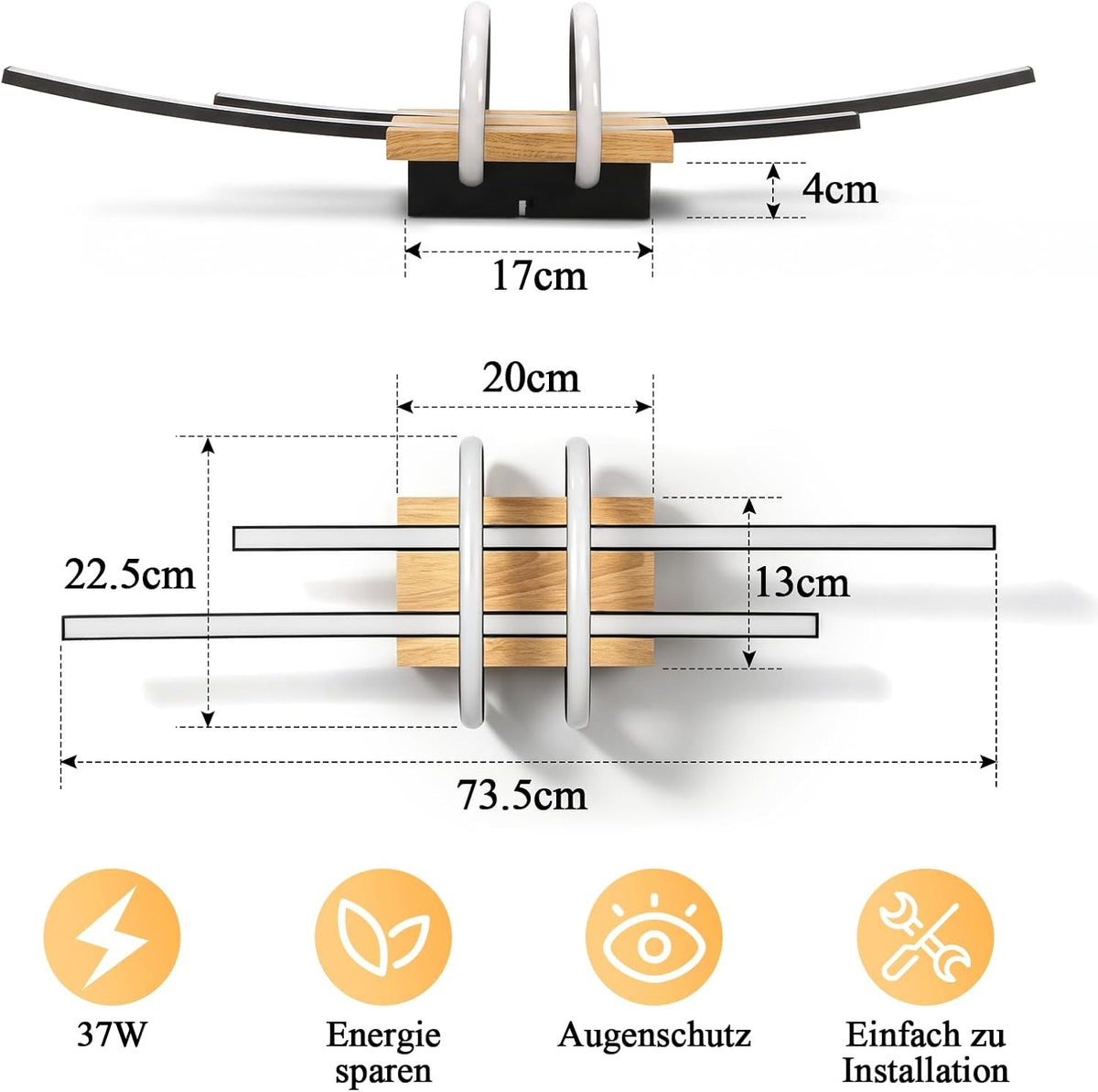 ZMH LED Deckenlampe Wohnzimmer Holz Deckenleuchte Schwarz Wohnzimmerlampe