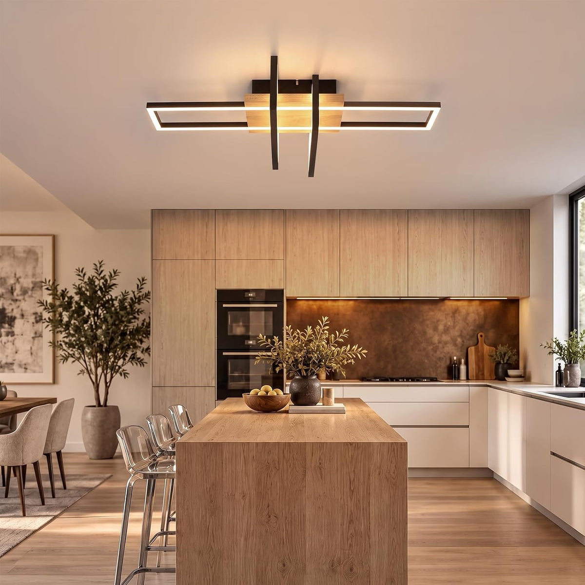 ZMH LED Deckenleuchte Wohnzimmer Holz Deckenlampe Schwarz Schlafzimmerlampe