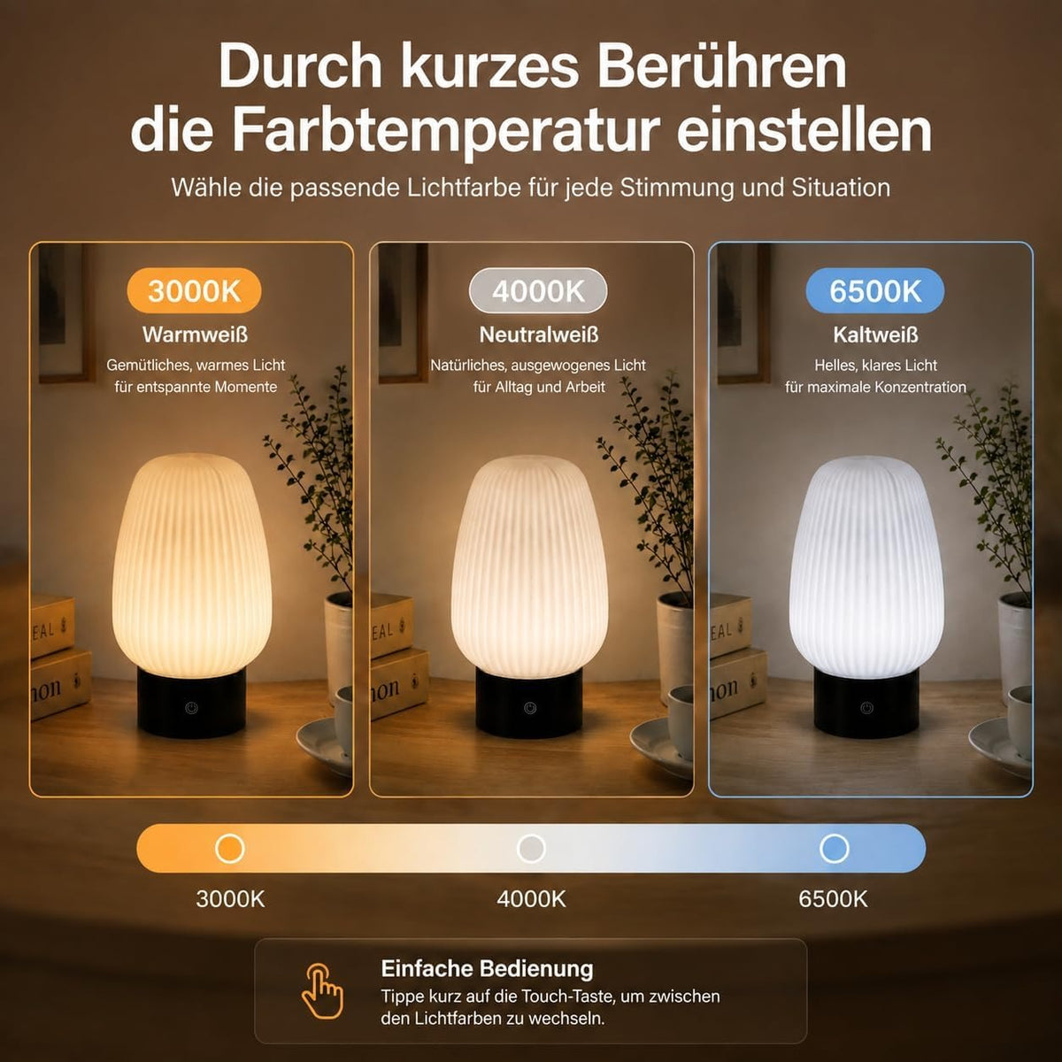 ZMH Nachttischlampe LED Tischlampe Akku - Tischleuchte Kabellos Aufladbar