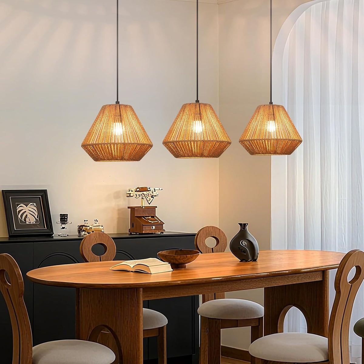 ZMH Pendelleuchte Boho Hängelampe Rattan Lampe Hängend Höhenverstellbar