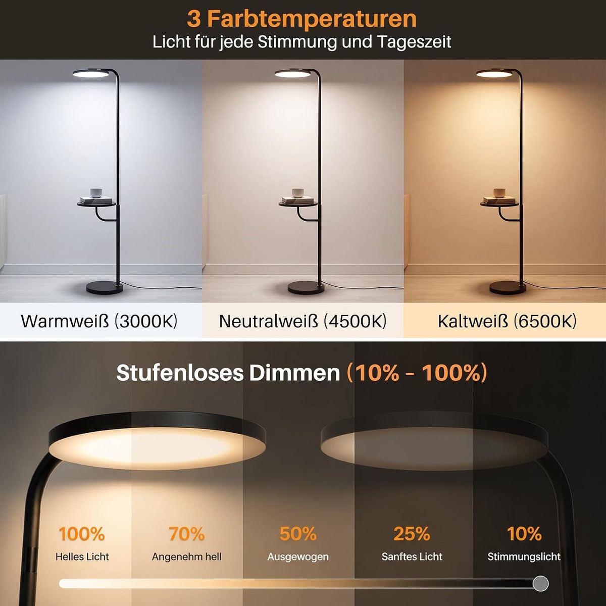 ZMH LED Stehlampe Wohnzimmer 30W Schwarz 174 cm Stehleuchte mit Fernbedienung