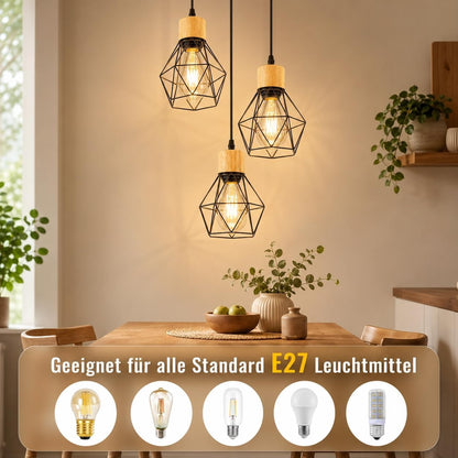 ZMH Pendelleuchte Esstisch Hängelampe Vintage - 3 Flammig Hängend Holz