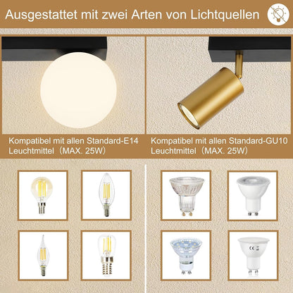 ZMH Deckenleuchte 2 Flammig Vintage Deckenstrahler: Deckenlampe Flur Metall mit Gold GU10 Deckenspots Schwenkbar Flurlampe Weiß E14 Glaskugel Küchenlampe für Flur Küche Wohnzimmer Schlafzimmer Balkon