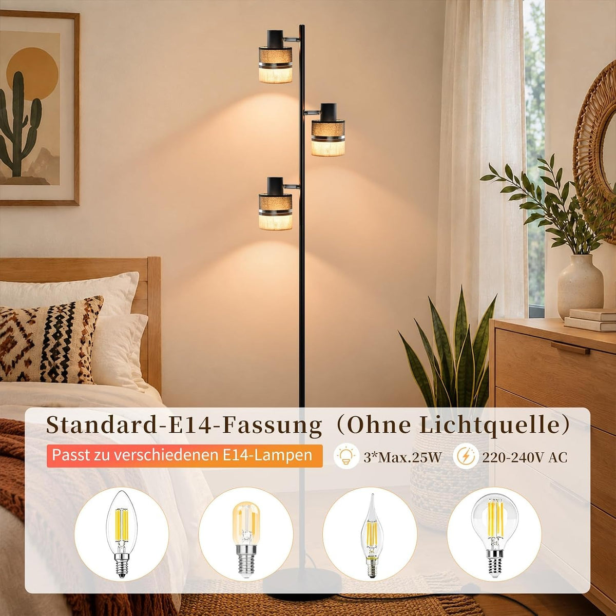 ZMH Stehlampe Wohnzimmer Stehleuchte Schwarz Vintage 3 Flammig E14