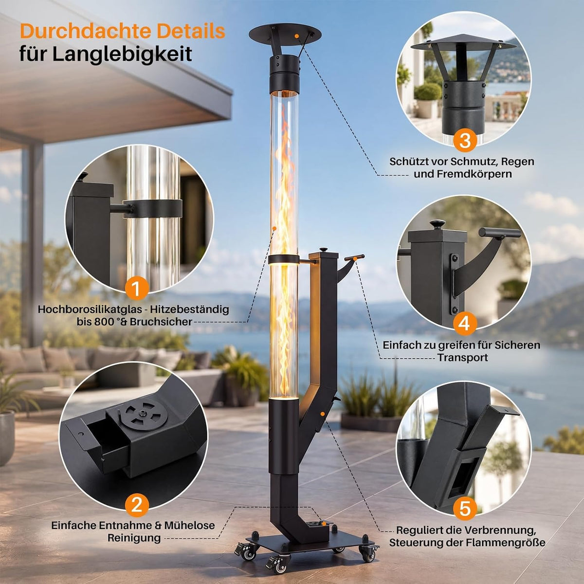 ZMH Pellets Feuerrohr Outdoor Pelletofen Terrasse Mit Lenkrollen