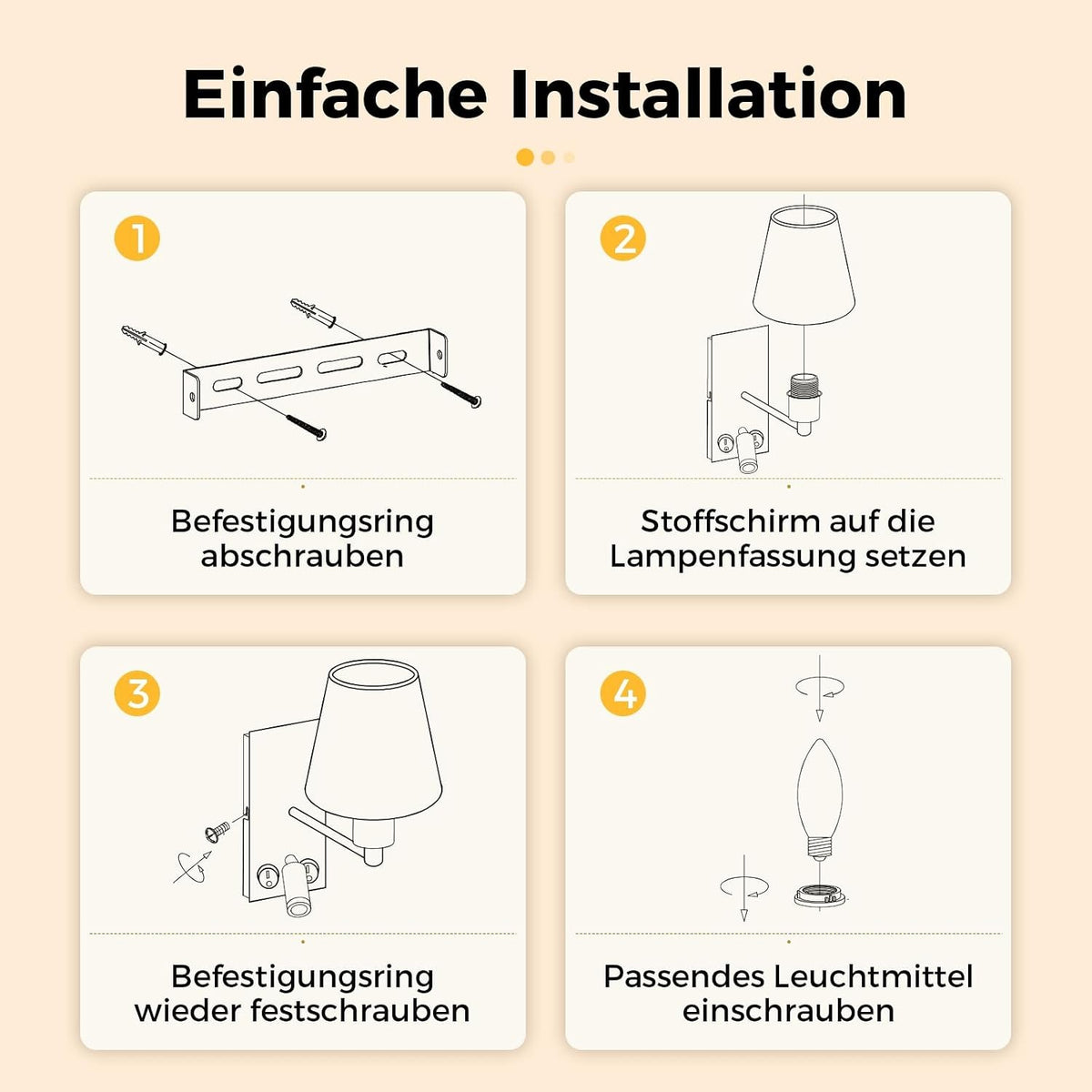 ZMH Wandleuchte mit USB-Ladeanschluss Leselampe E14 Stoffschirm Schwarz