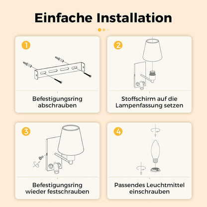 ZMH Wandleuchte mit USB-Ladeanschluss Leselampe E14 Stoffschirm Schwarz