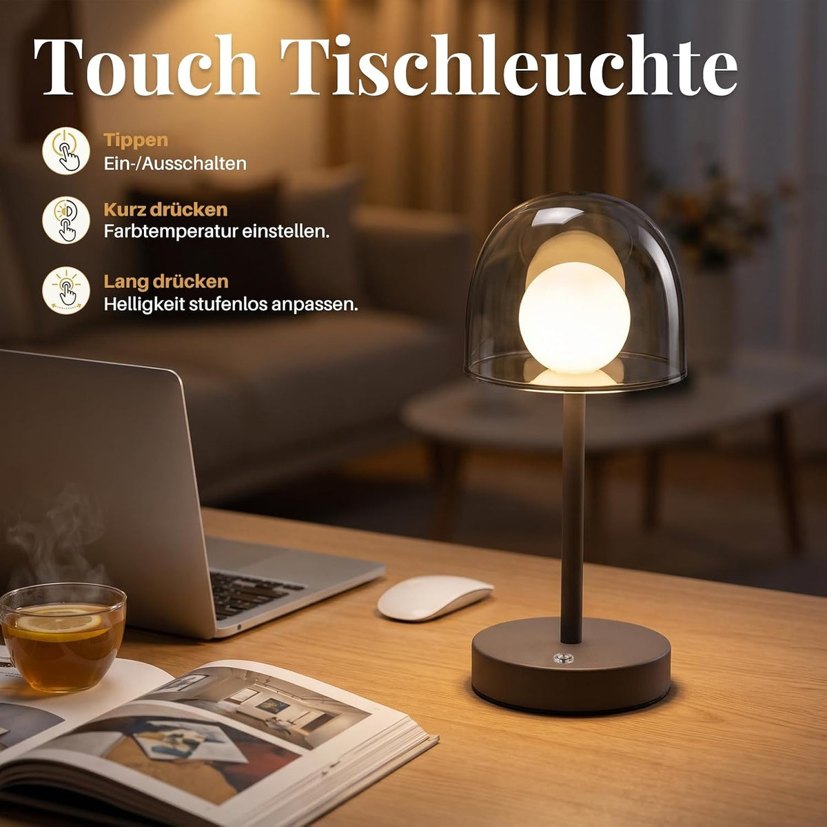 ZMH LED Tischlampe kabellos dimmbar Touch Akku Sandgrau