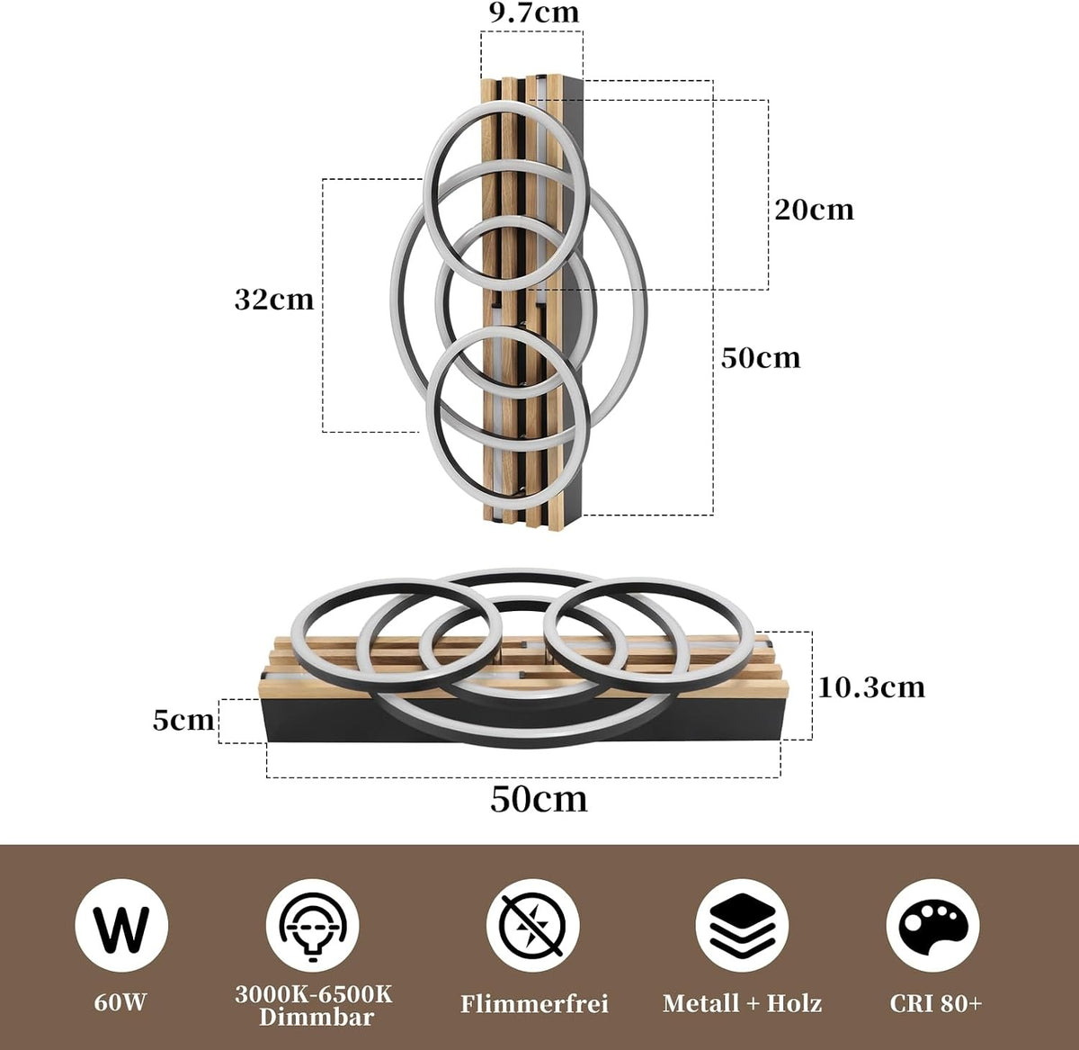 ZMH  LED Deckenleuchte Holz Dimmbar 50cm Deckenlampe Wohnzimmerlampe Modern