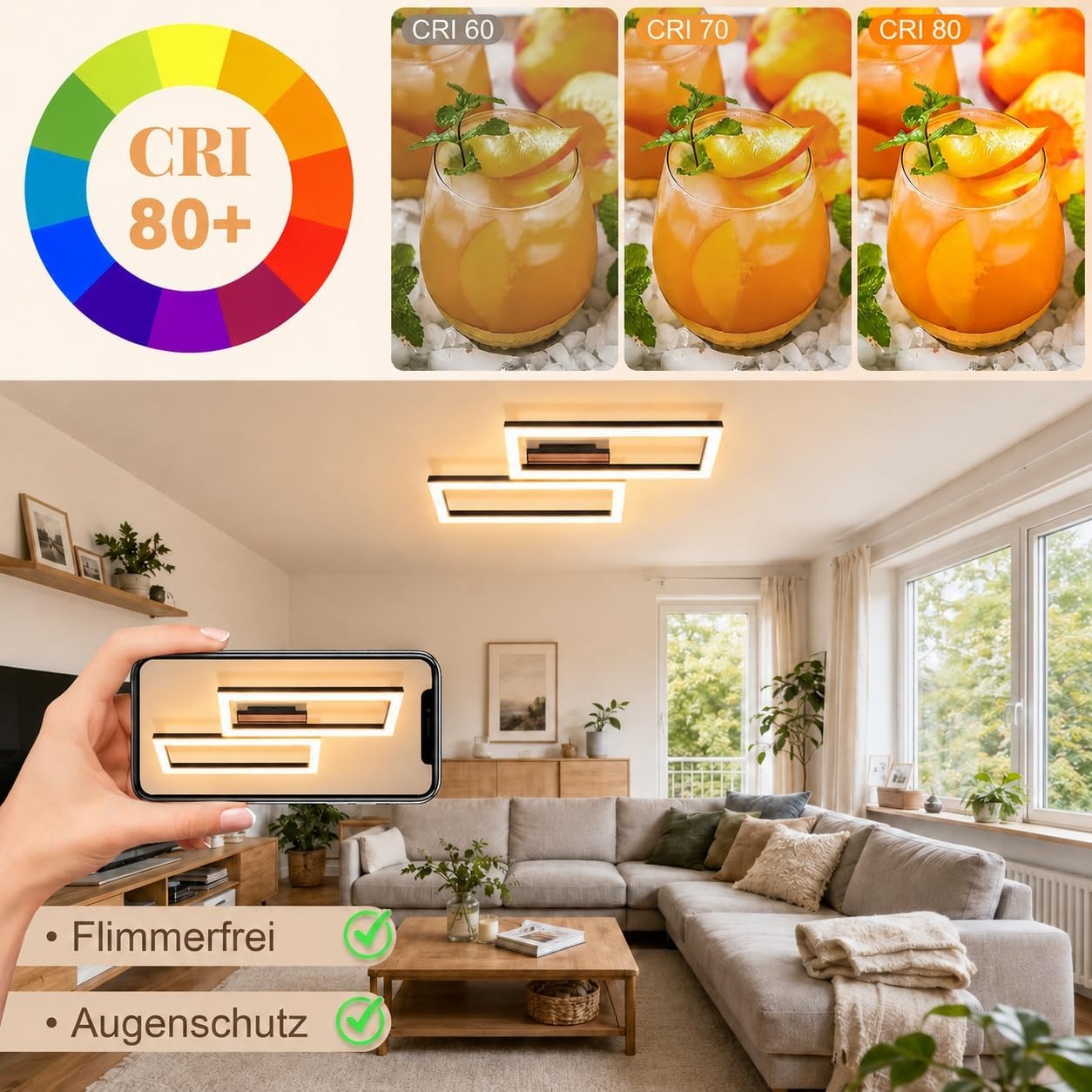 ZMH LED Deckenleuchte Schlafzimmer Deckenlampe 49CM Schwarz in Holzoptik