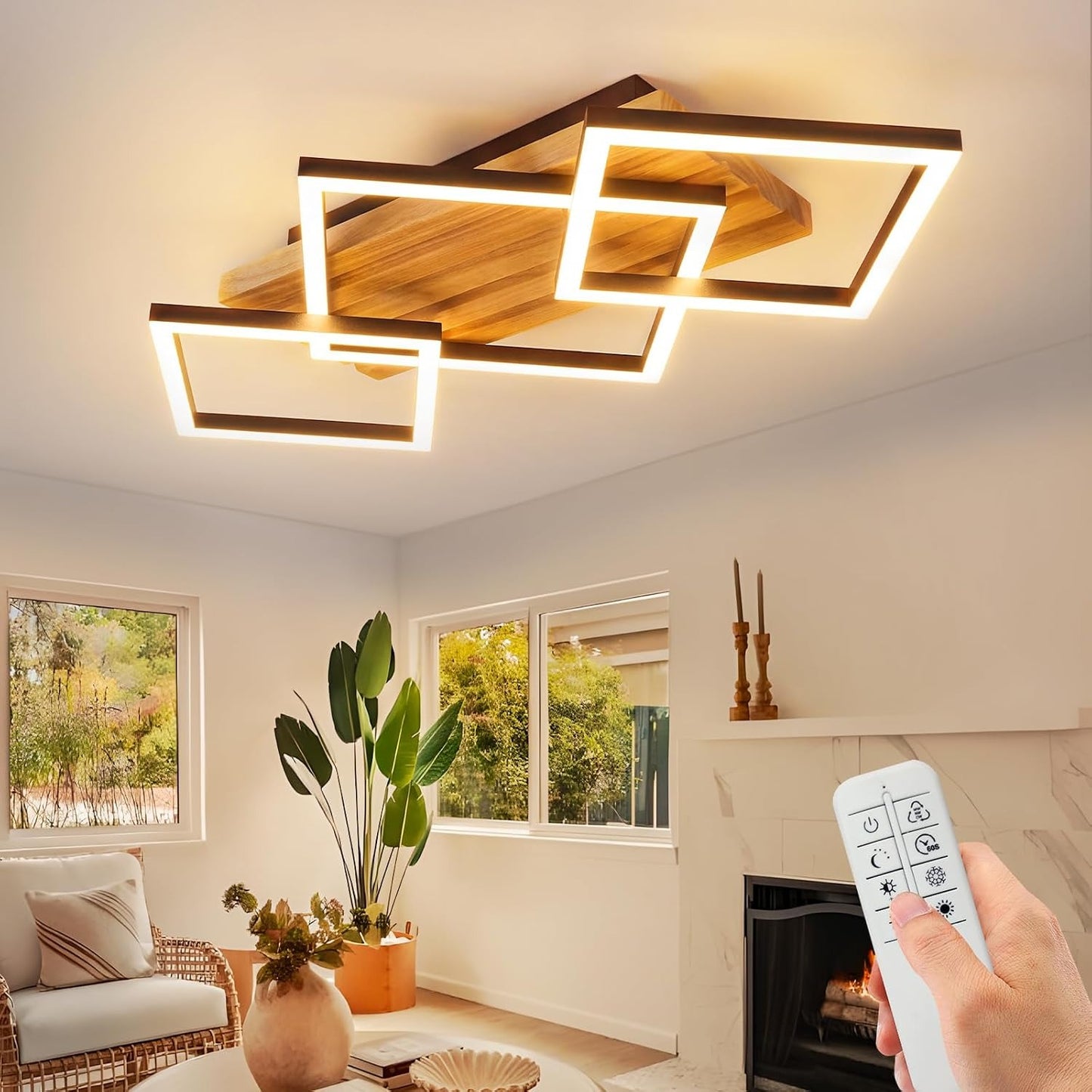 ZMH LED Deckenleuchte Holz Deckenlampe Wohnzimmer Dimmbar 3 Eckige Modern
