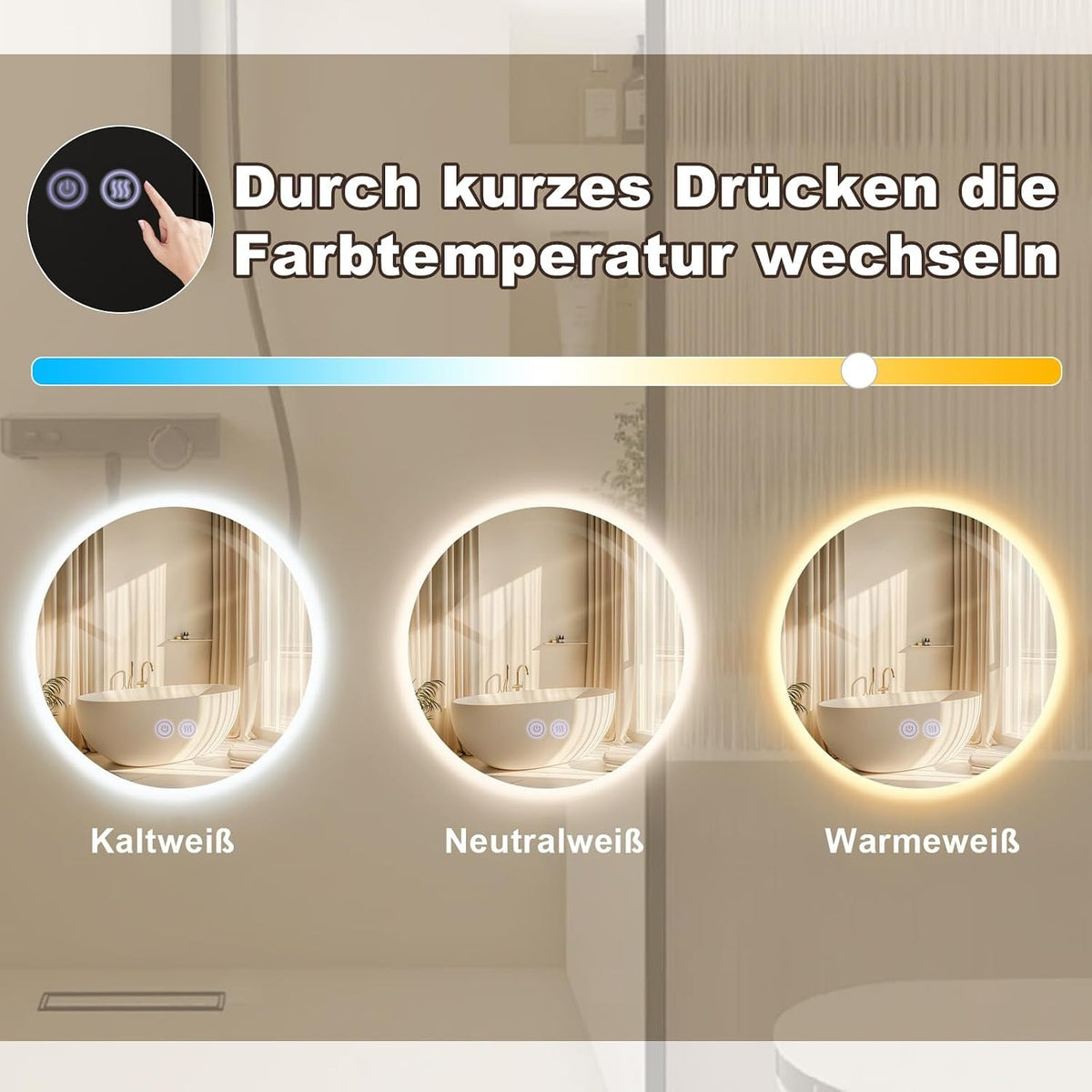 Badspiegel mit Beleuchtung Badezimmerspiegel Rund - Runder 50cm Bad Spiegel mit Beleuchtet LED Badezimmer Rundspiegel mit Licht Dimmbar Wandspiegel Touch-Schalter Entfogger-Funktion